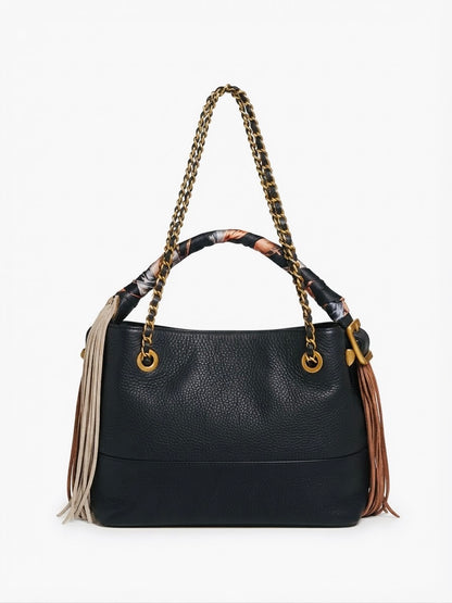 Bolso Noir de Hombro y Bandolera con Cadena y Flecos
