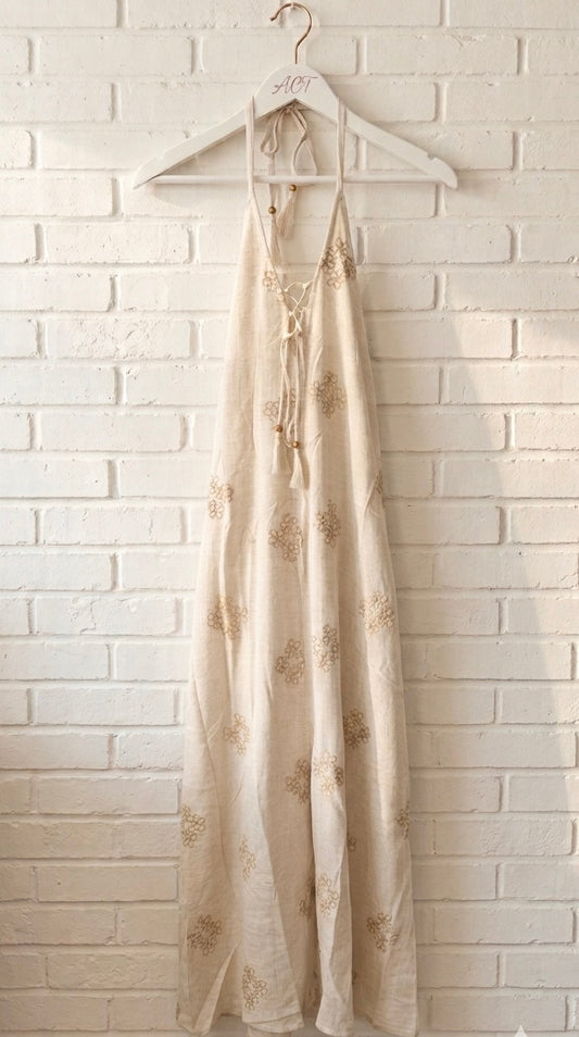Vestido Halter con bordados gold