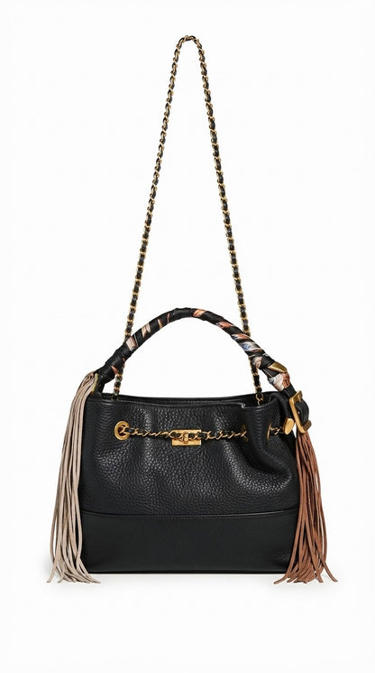 Bolso Noir de Hombro y Bandolera con Cadena y Flecos