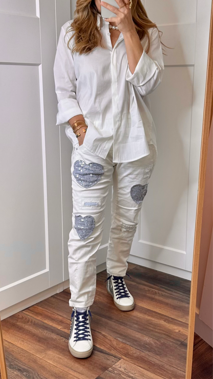 White denim love pants