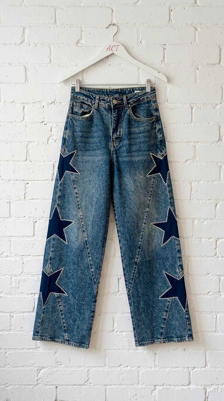 Jeans Wide Leg con Estrellas de Estrás.