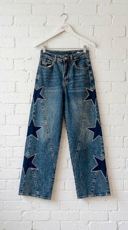 Jeans Wide Leg con Estrellas de Estrás.