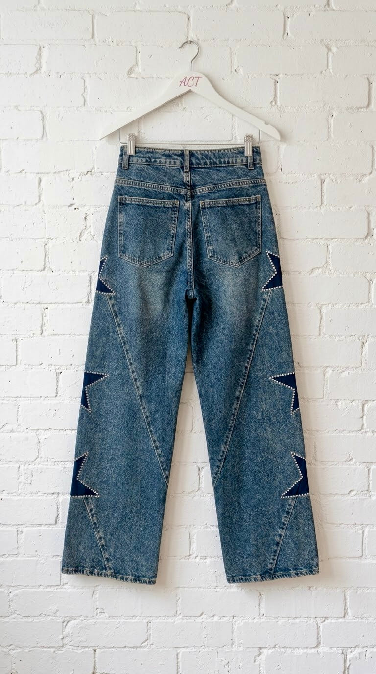 Jeans Wide Leg con Estrellas de Estrás.